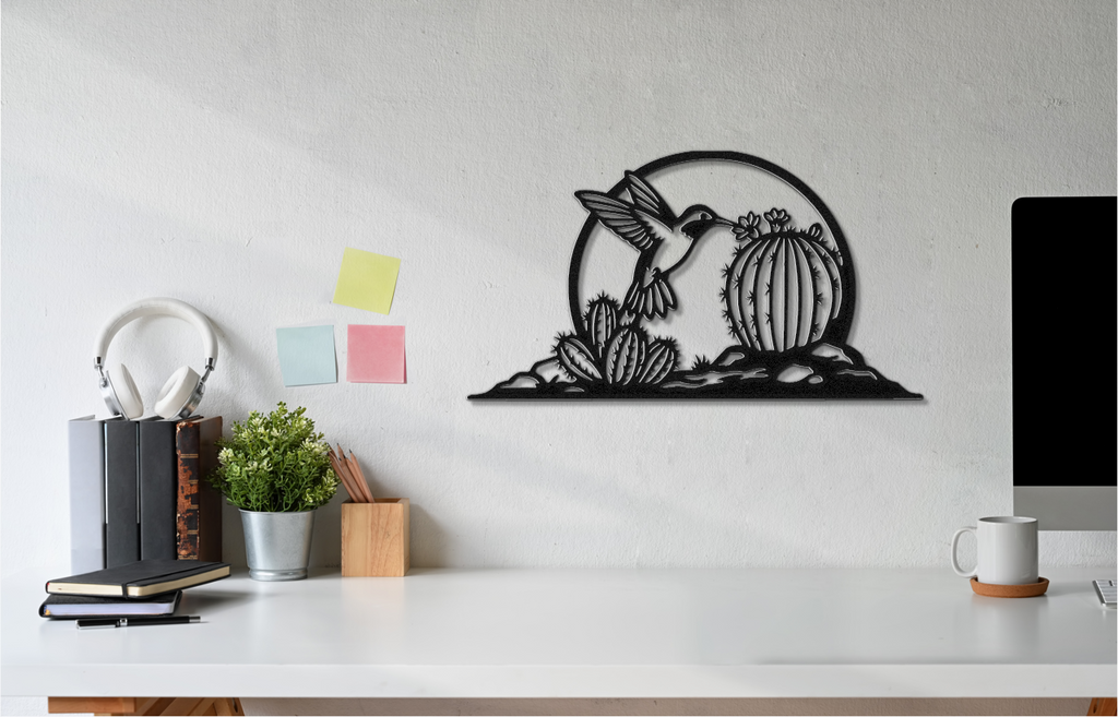 Barrel Cactus Metal Wall Art Desert Scene, Hummingbird Silhouette (Weatherproof Steel, Indoor Outdoor, Southwest Style)