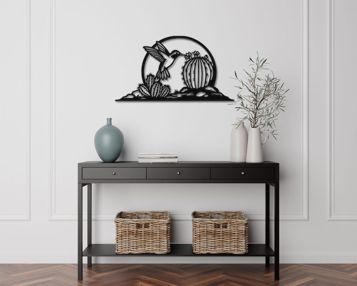 Barrel Cactus Metal Wall Art Desert Scene, Hummingbird Silhouette (Weatherproof Steel, Indoor Outdoor, Southwest Style)