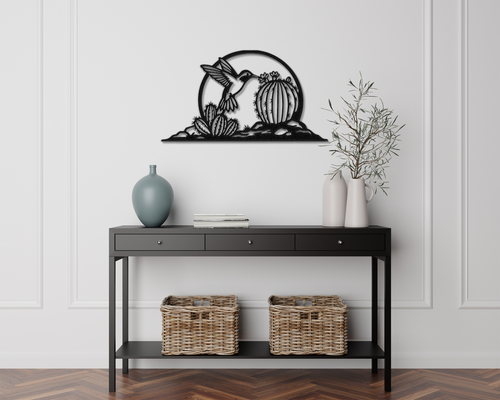 Barrel Cactus Metal Wall Art Desert Scene, Hummingbird Silhouette (Weatherproof Steel, Indoor Outdoor, Southwest Style)