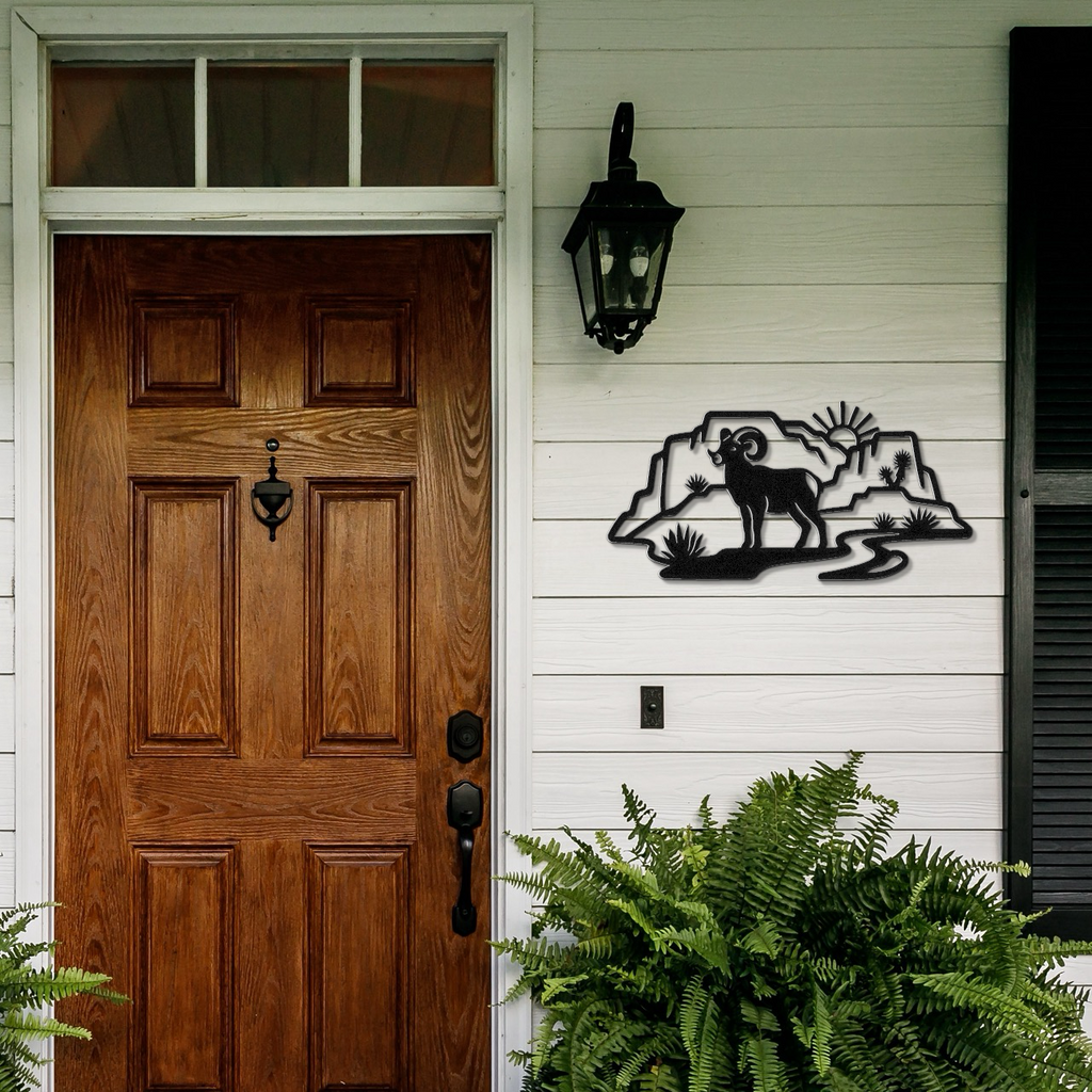 Bighorn Sheep and Joshua Tree Metal Wall Art - Southwestern Rustic Decor - Weatherproof Steel, Bold Silhouette, Indoor Outdoor Accent