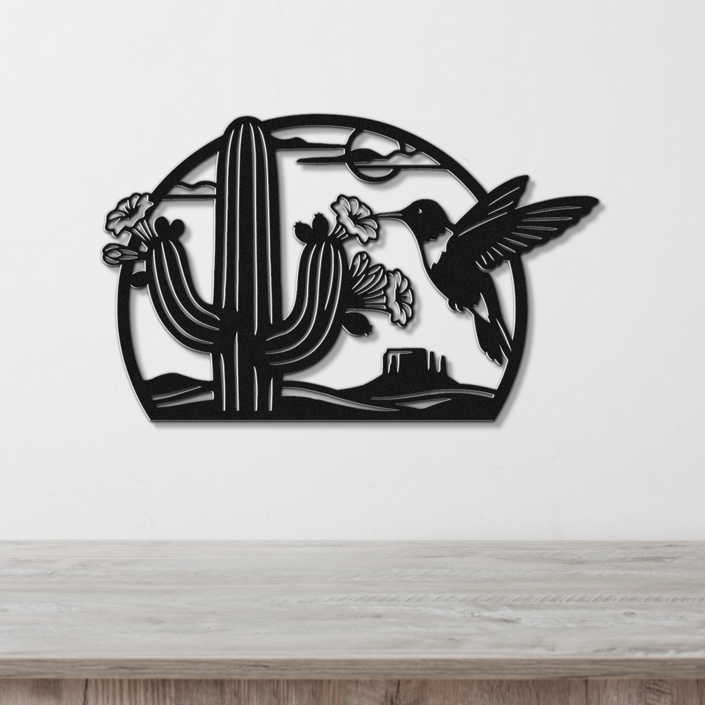 Décoration murale en métal Colibri et Cactus Saguaro