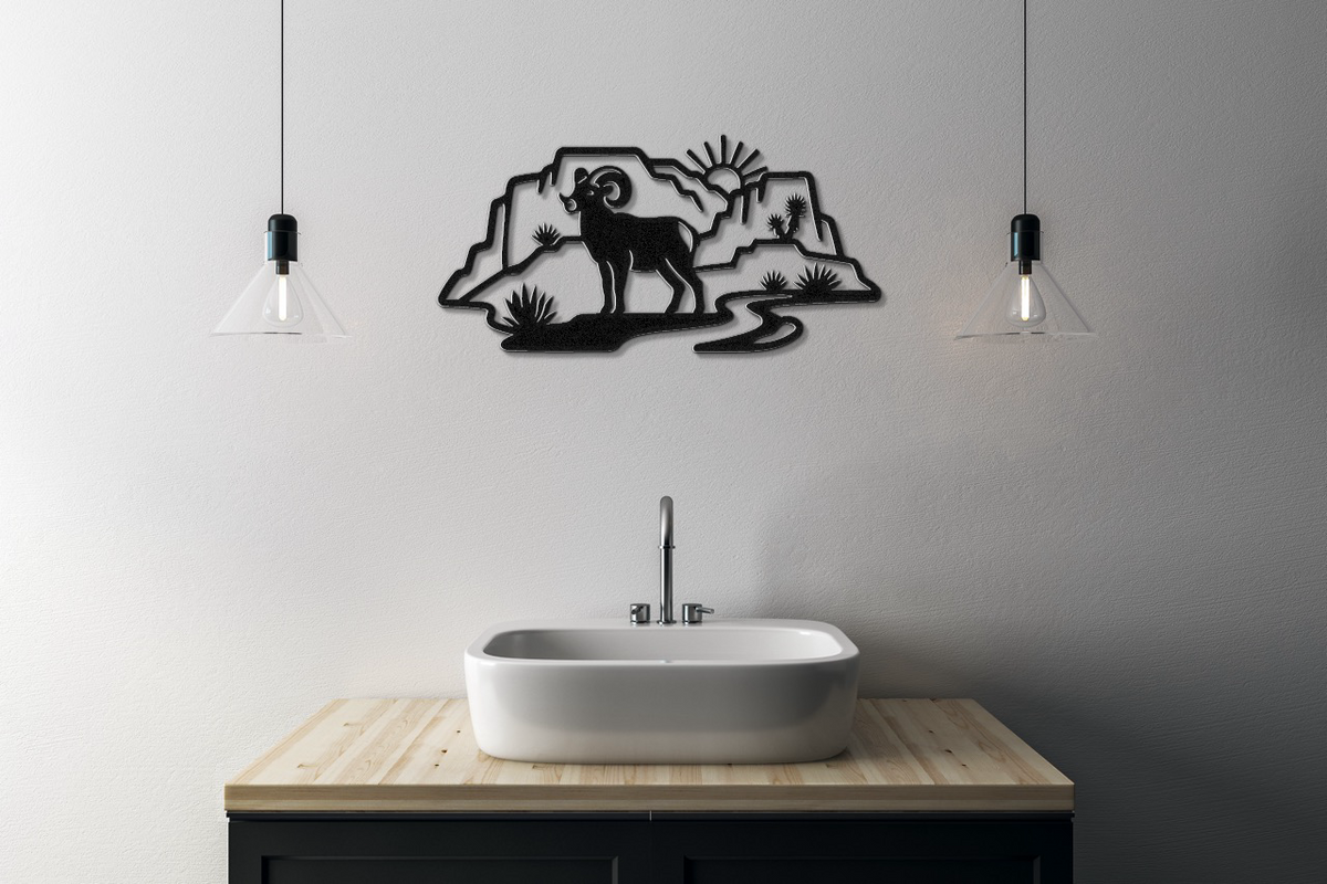 Bighorn Sheep and Joshua Tree Metal Wall Art - Southwestern Rustic Decor - Weatherproof Steel, Bold Silhouette, Indoor Outdoor Accent
