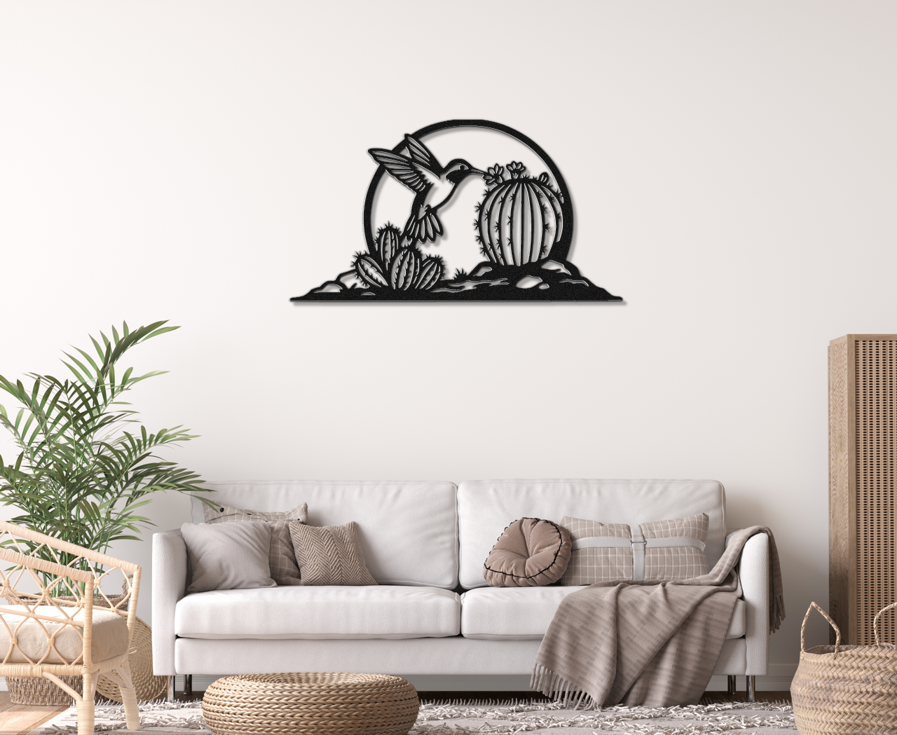 Barrel Cactus Metal Wall Art Desert Scene, Hummingbird Silhouette (Weatherproof Steel, Indoor Outdoor, Southwest Style)