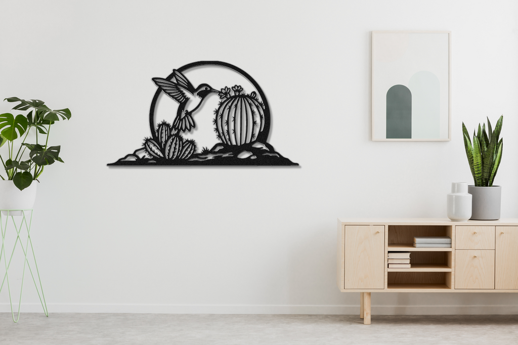 Barrel Cactus Metal Wall Art Desert Scene, Hummingbird Silhouette (Weatherproof Steel, Indoor Outdoor, Southwest Style)