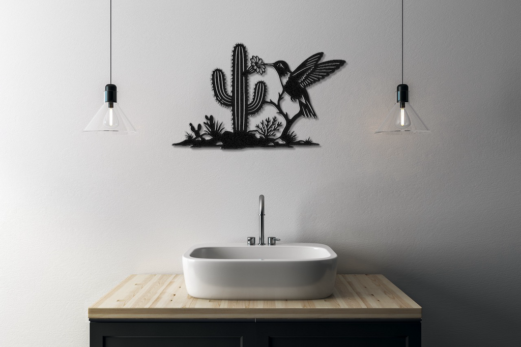 Décoration murale en métal Colibri et Saguaro