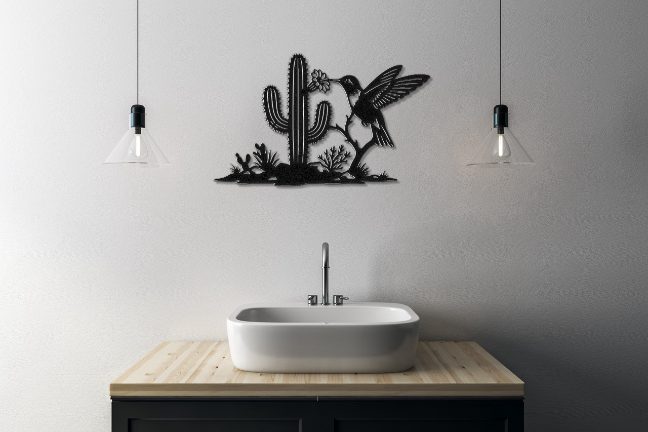 Décoration murale en métal Colibri et Saguaro