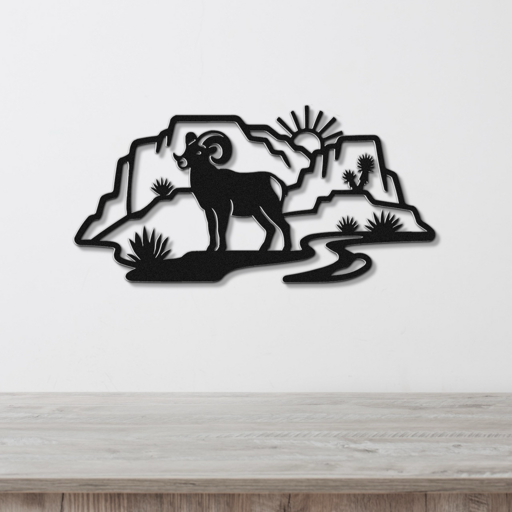 Bighorn Sheep and Joshua Tree Metal Wall Art - Southwestern Rustic Decor - Weatherproof Steel, Bold Silhouette, Indoor Outdoor Accent
