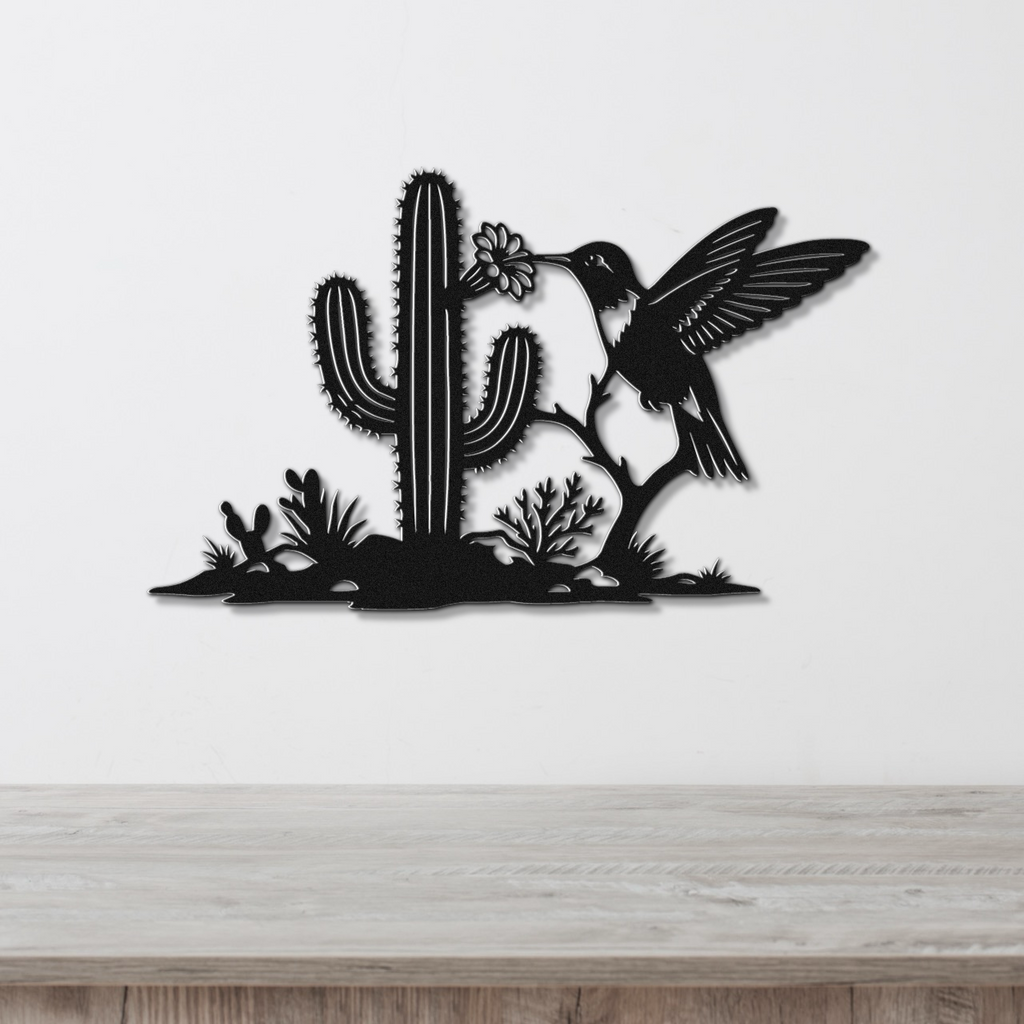 Décoration murale en métal Colibri et Saguaro