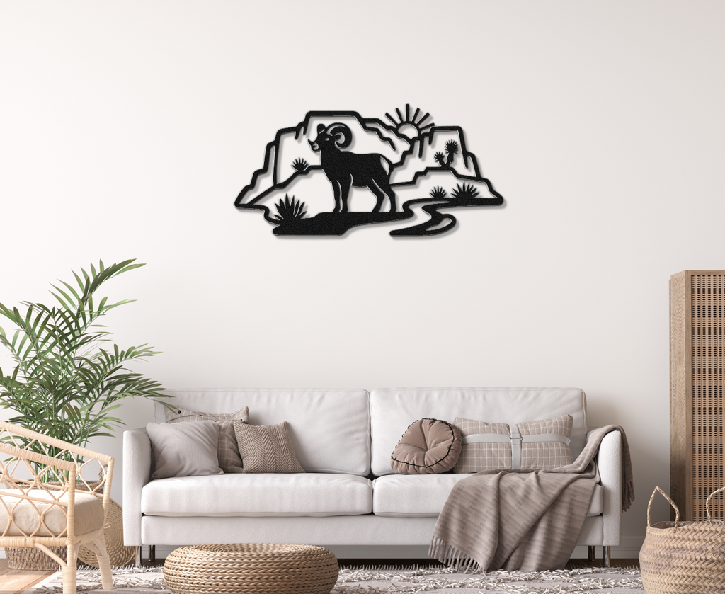 Bighorn Sheep and Joshua Tree Metal Wall Art - Southwestern Rustic Decor - Weatherproof Steel, Bold Silhouette, Indoor Outdoor Accent