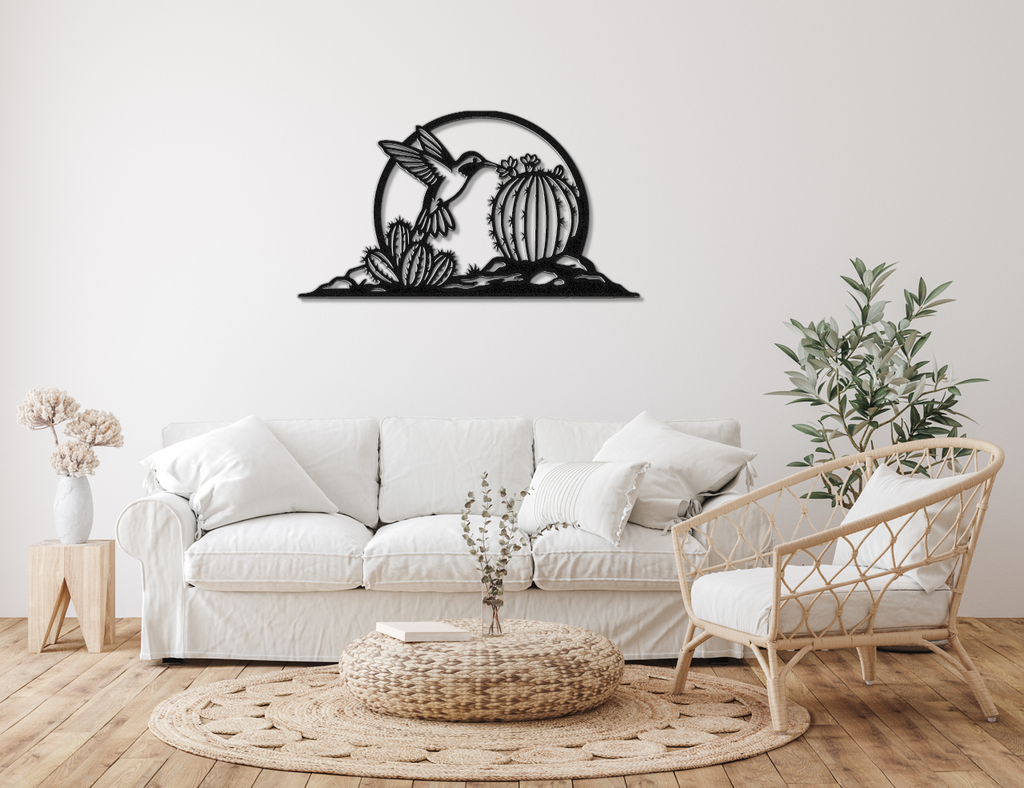 Barrel Cactus Metal Wall Art Desert Scene, Hummingbird Silhouette (Weatherproof Steel, Indoor Outdoor, Southwest Style)