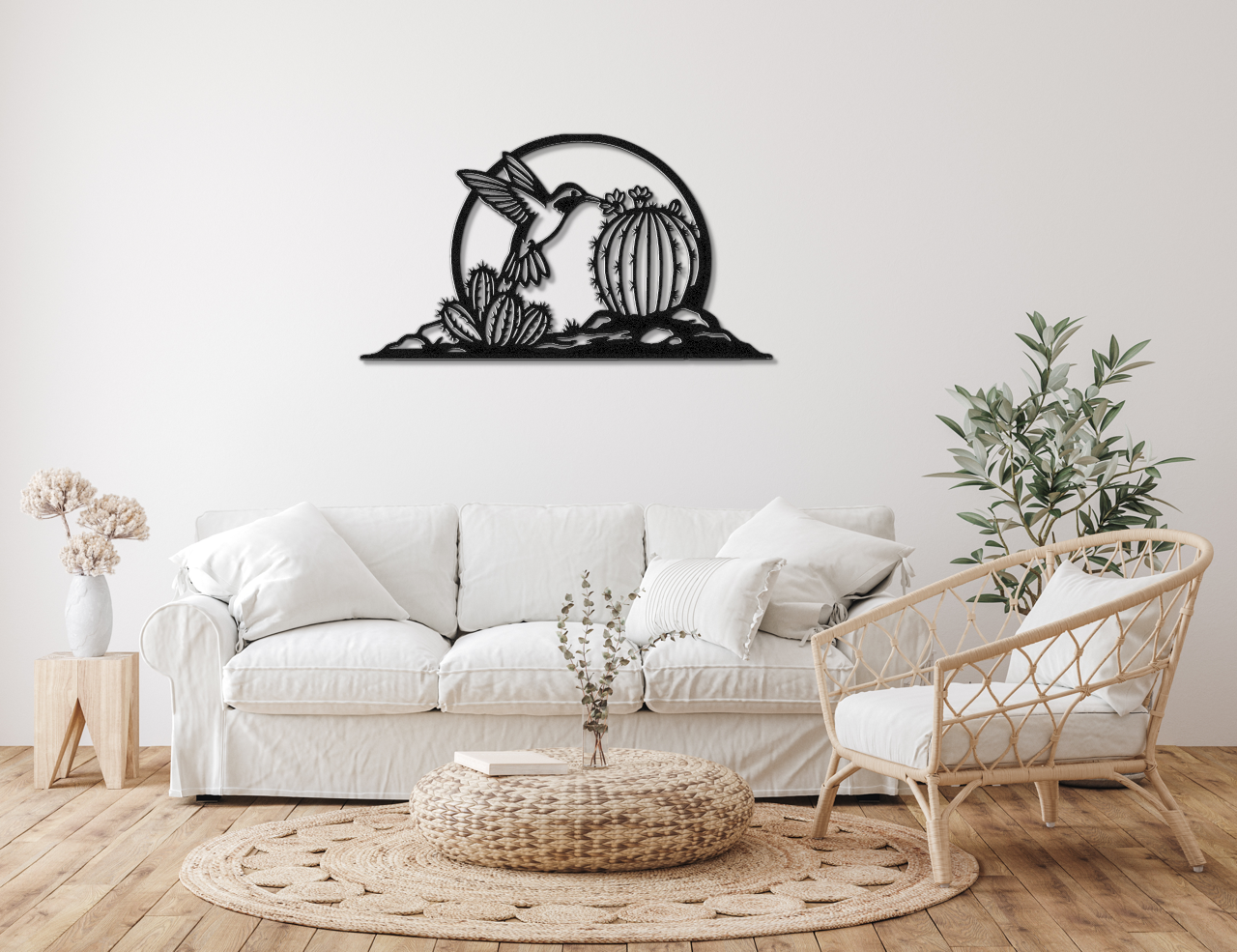 Barrel Cactus Metal Wall Art Desert Scene, Hummingbird Silhouette (Weatherproof Steel, Indoor Outdoor, Southwest Style)