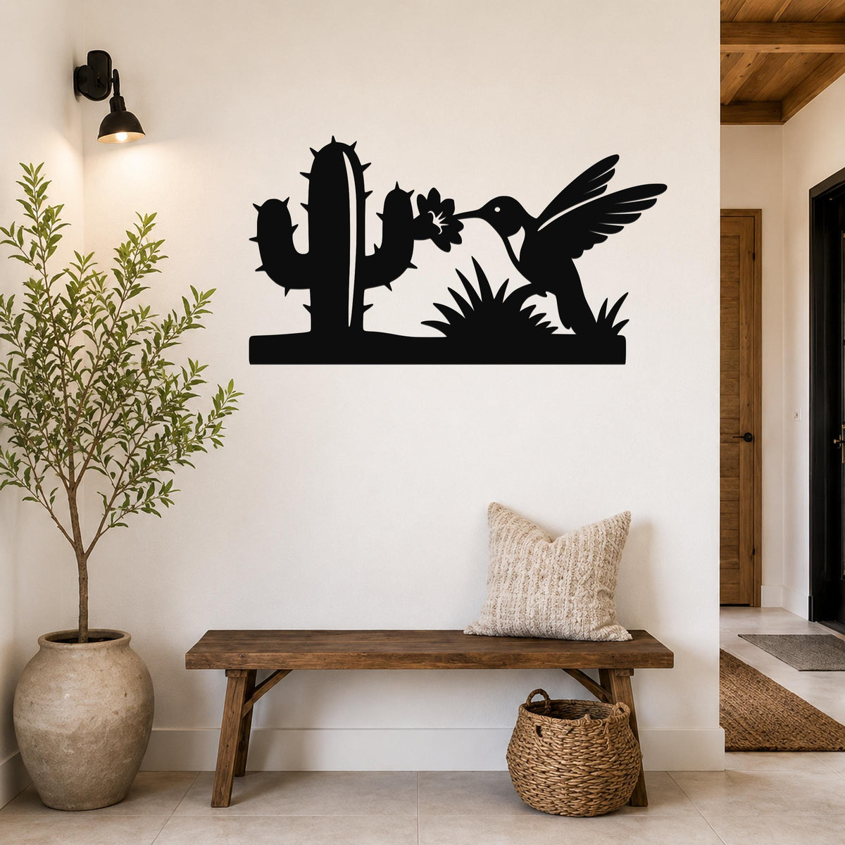Southwestern Decor Metal Wall Art - Desert Wildlife Silhouette - Hummingbird and Saguaro Design, Steel, Indoor Outdoor Accent