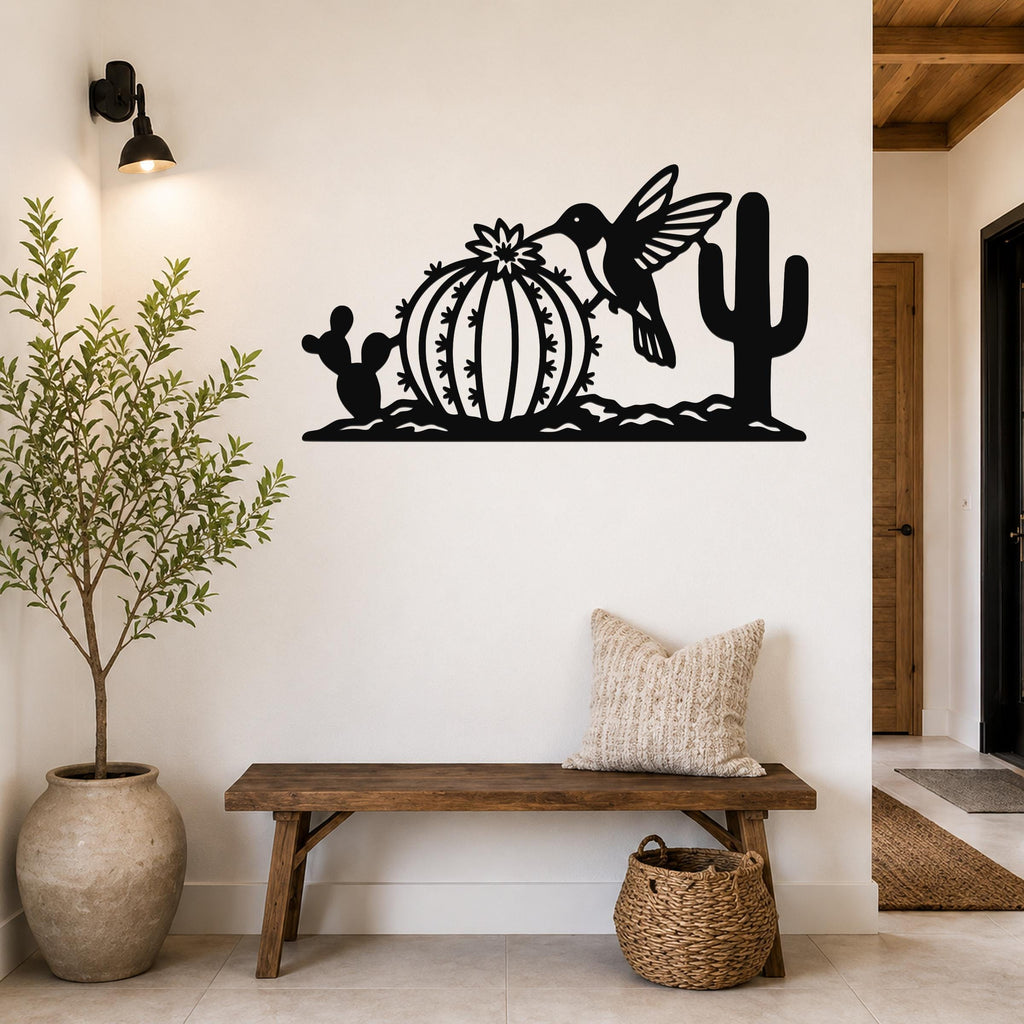 Southwestern Decor Metal Wall Art - Desert Wildlife Sculpture Hummingbird And Barrel Cactus, Weatherproof, Indoor Outdoor Accent