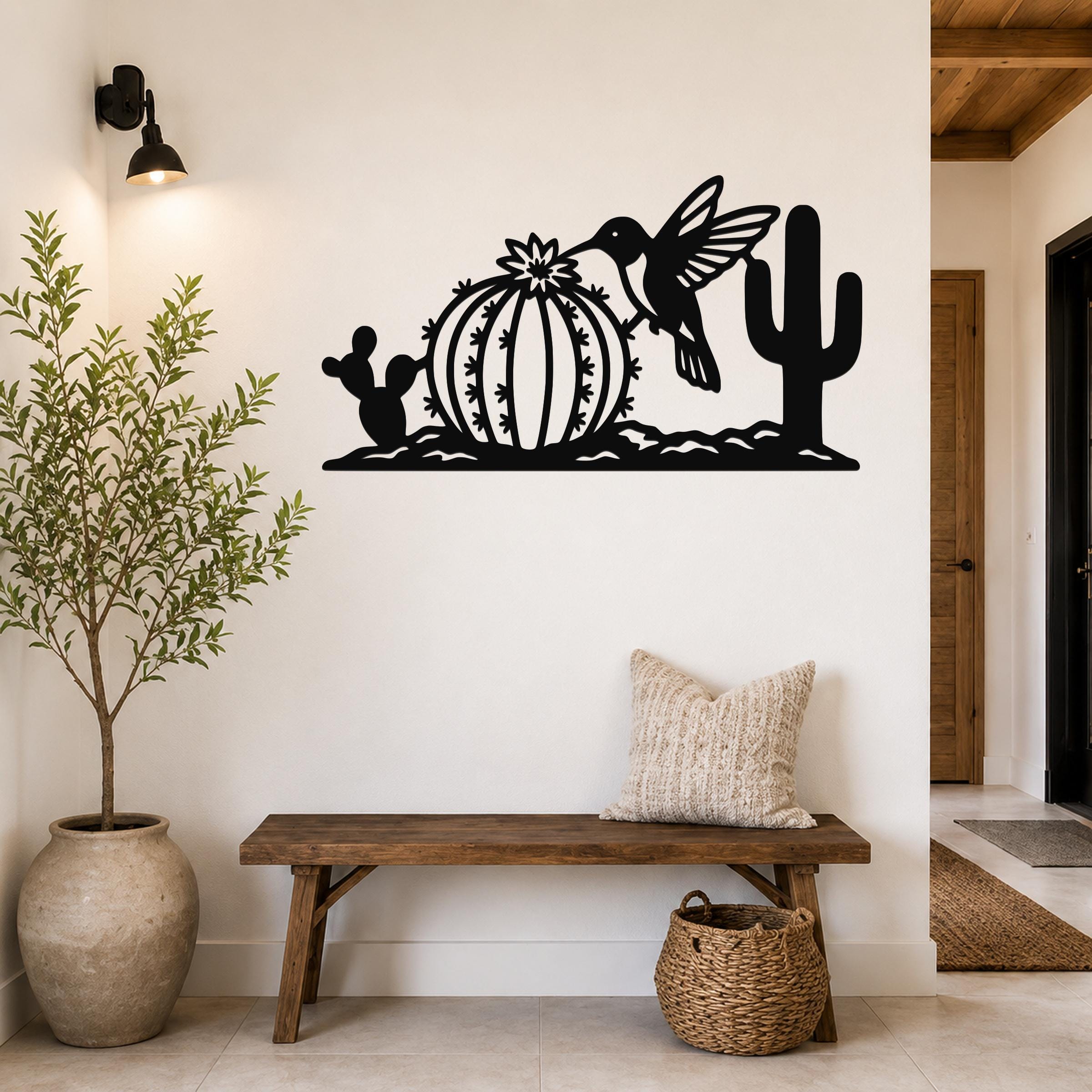 Southwestern Decor Metal Wall Art - Desert Wildlife Sculpture Hummingbird And Barrel Cactus, Weatherproof, Indoor Outdoor Accent