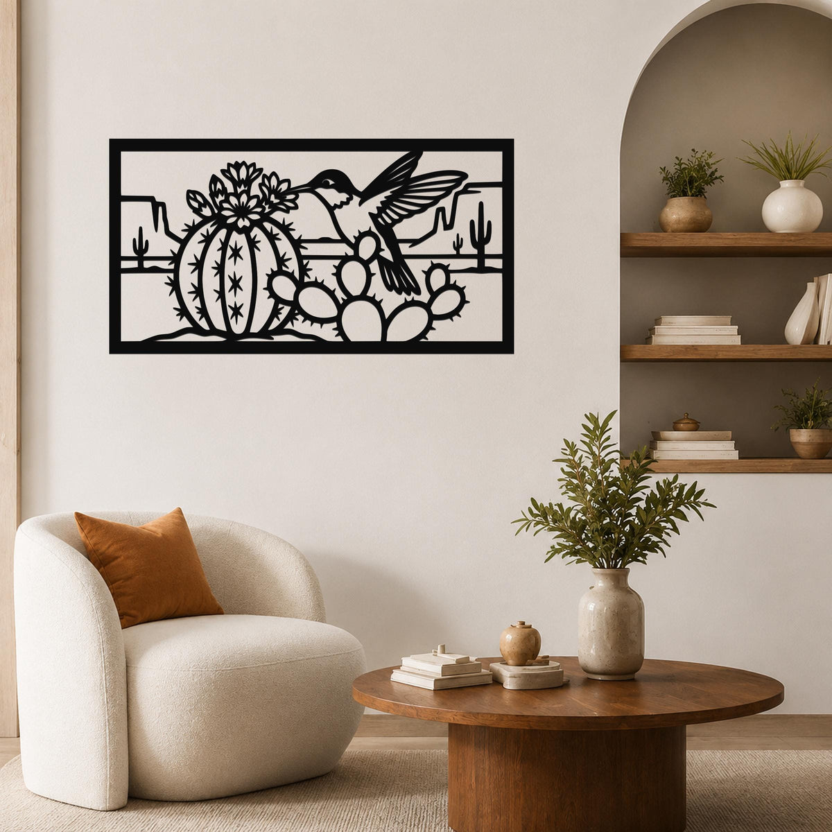 Desert Wildlife Art Metal Bird Sculpture: Southwest Botanical Scene, Weatherproof Metal (Indoor Outdoor Use, Nature Inspired Wall Decor)