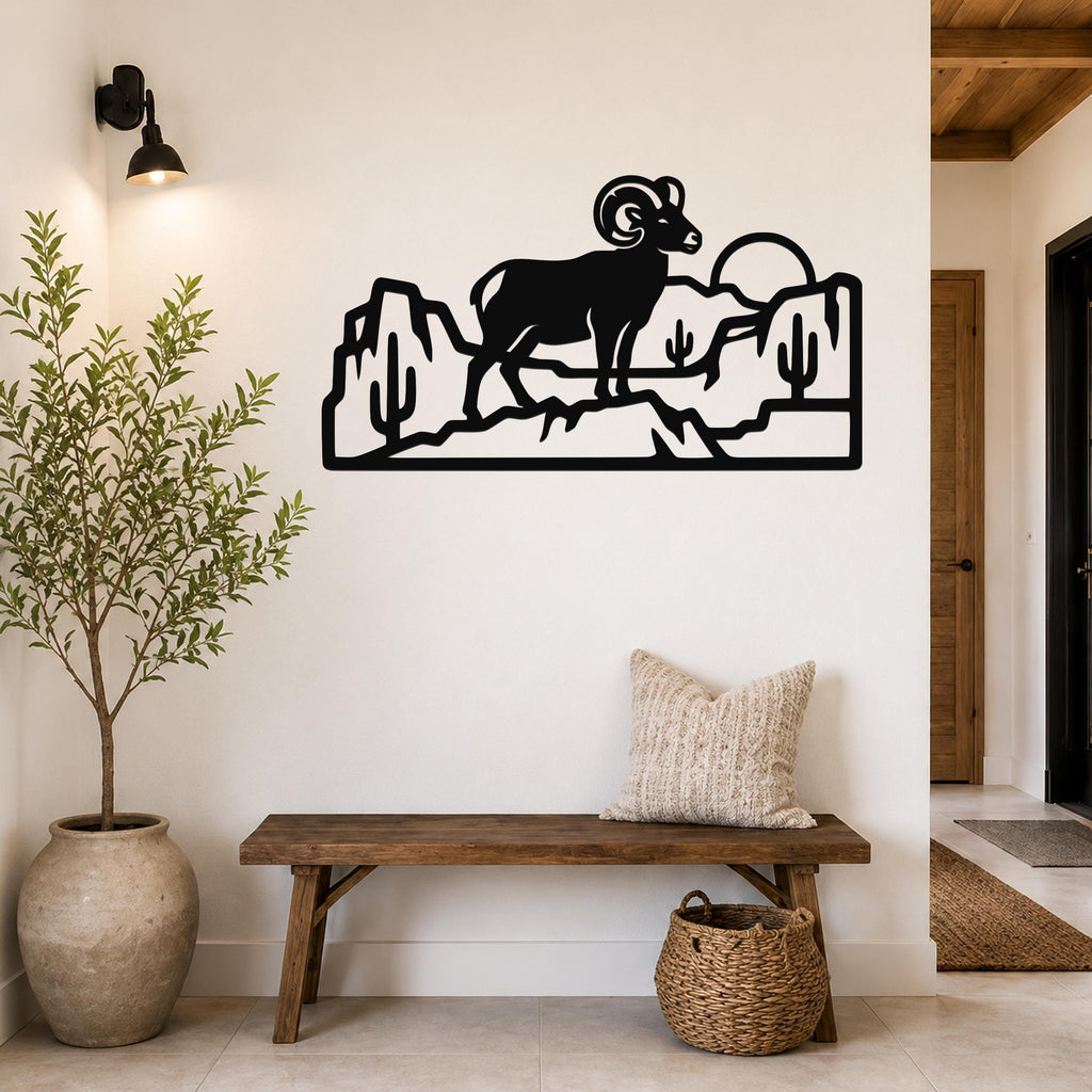 Bighorn Sheep Metal Wall Art: Curled Horn Sculpture, Rustic Mountain Wildlife | Weatherproof Steel, Indoor Outdoor, Cabin Decor
