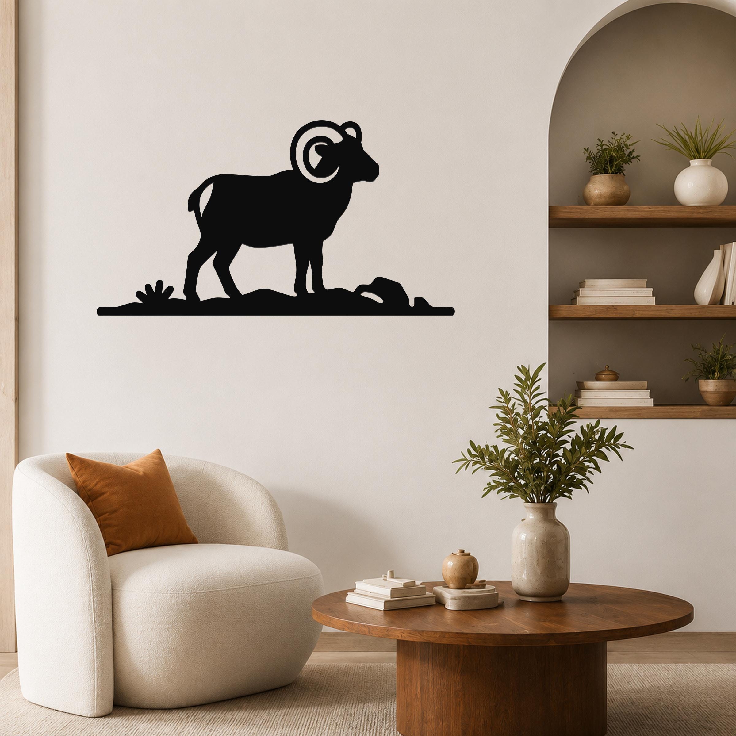 Bighorn Sheep Metal Wall Art: Western Rustic Mountain Silhouette, Steel Craft (Weatherproof, Indoor Outdoor Decor)