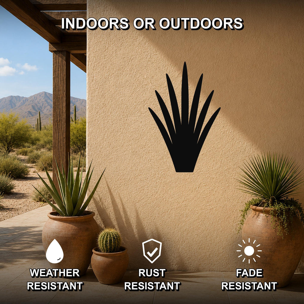 Black metal yucca wall art silhouette mounted on an outdoor patio wall, displayed above potted plants with weather, rust, and fade resistance features.