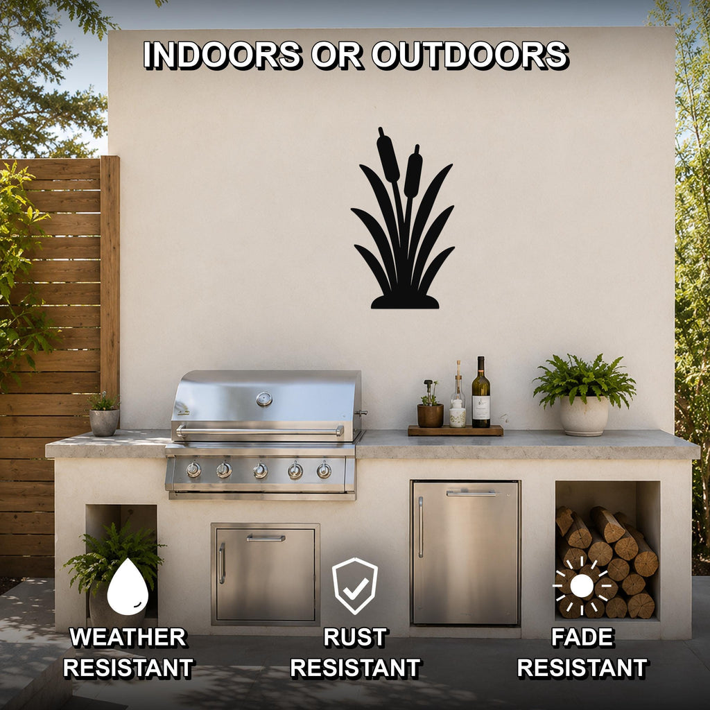 Black metal cattail wall art silhouette mounted on an outdoor kitchen wall above a grill, with weather, rust, and fade resistance noted.