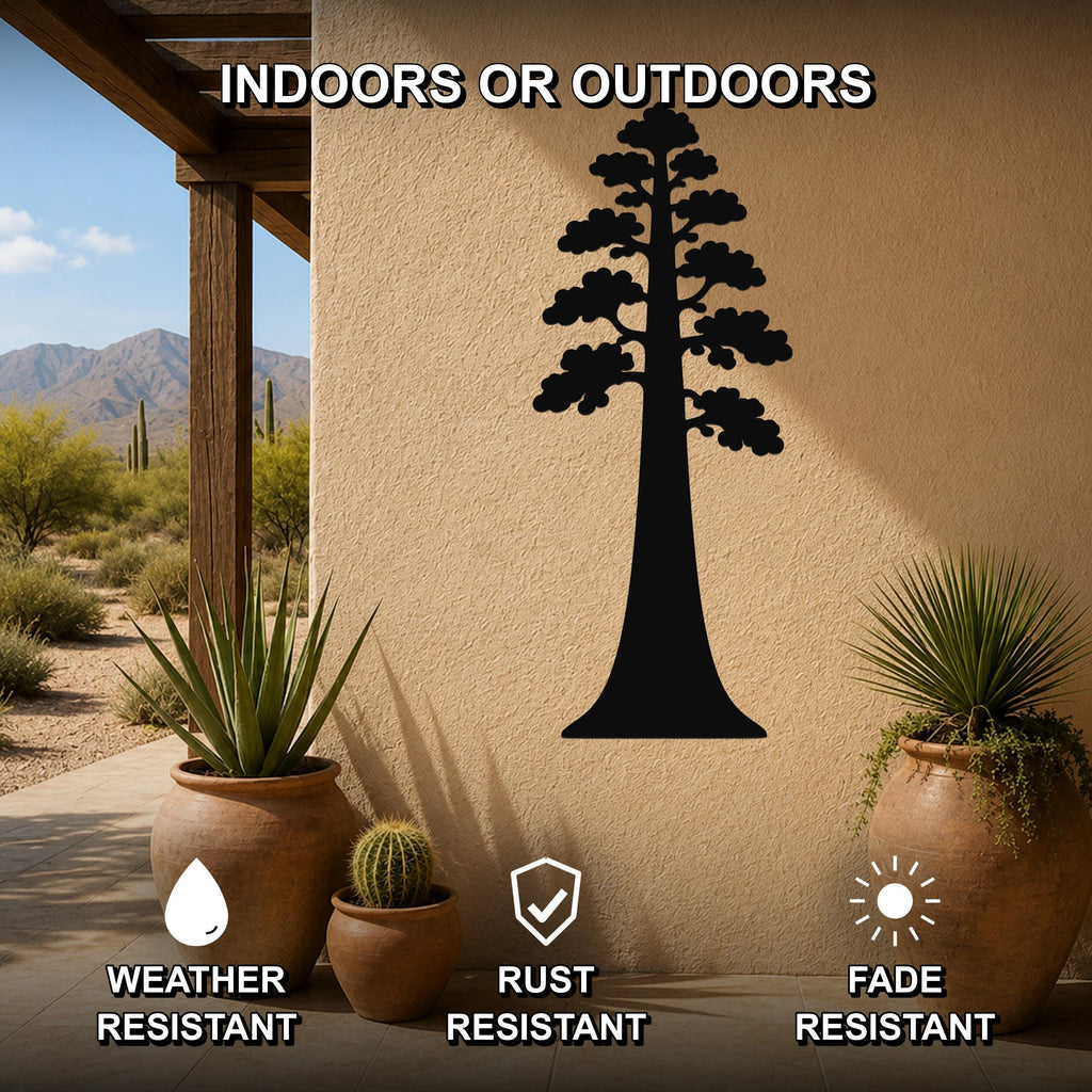 Black metal Sequoia tree wall art silhouette mounted on an outdoor patio wall, weather resistant, rust resistant, and fade resistant, with potted plants nearby.