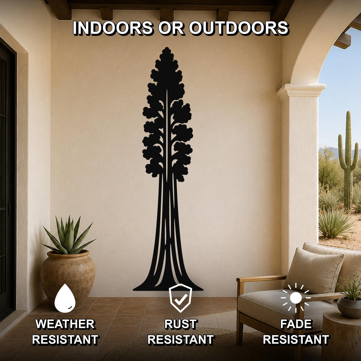 Black metal sequoia tree wall art with detailed branch cutouts, mounted on a beige outdoor patio wall above a wooden chair and potted plant.