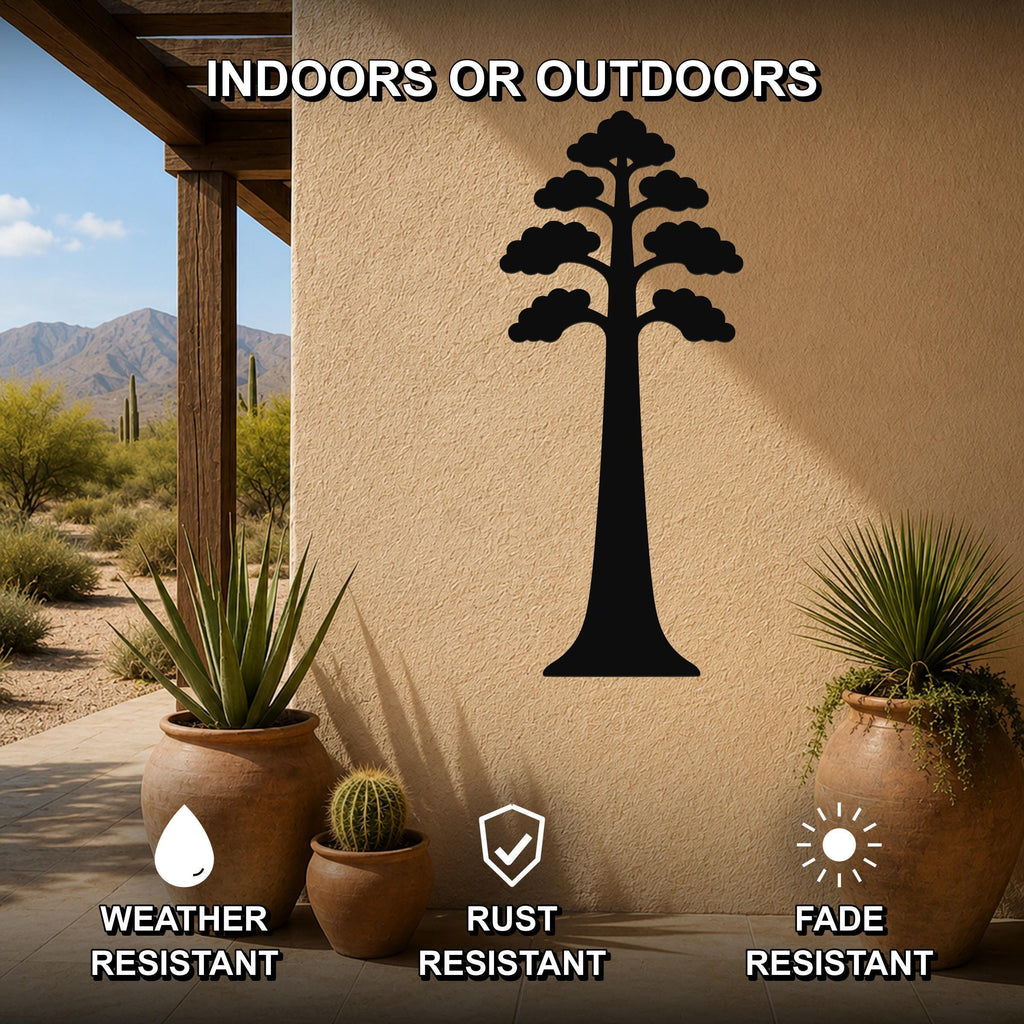 Black metal sequoia tree wall art silhouette mounted on an outdoor patio wall, weather resistant, rust resistant, and fade resistant, with potted plants nearby.