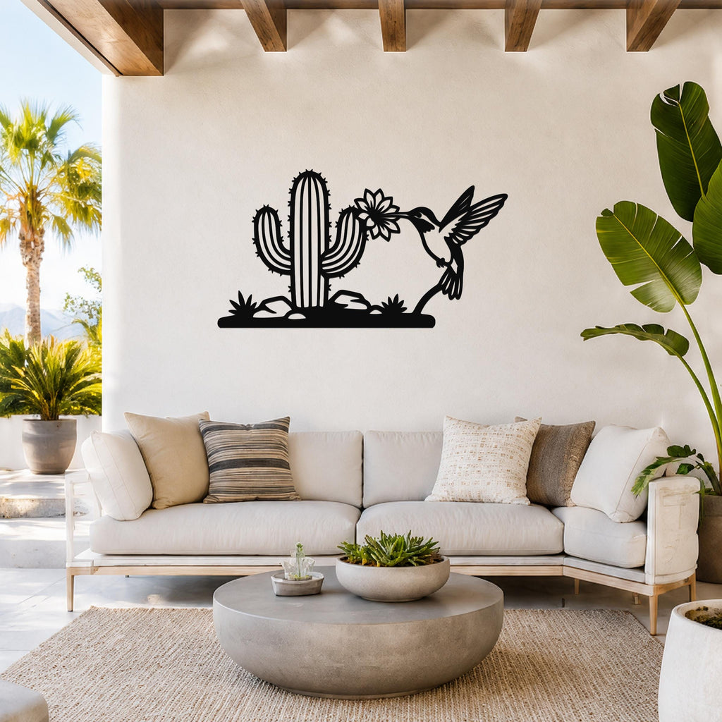 Metal Wall Art Desert Wildlife Sculpture - Sonoran Hummingbird with Saguaro Cactus, Weatherproof Steel, Indoor Outdoor Southwestern Decor