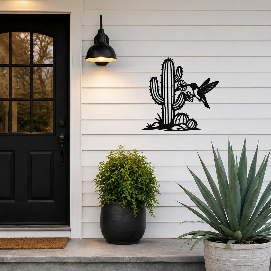Southwestern Decor Metal Wall Art - Sonoran Desert Scene with Layered Cactus and Hummingbird - Weatherproof Steel, Indoor Outdoor Display