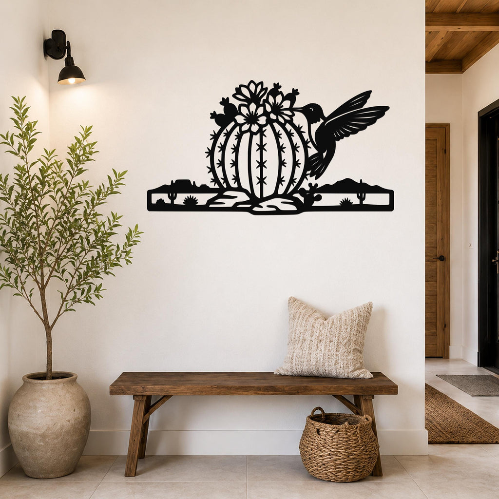 Barrel Cactus Metal Wall Art Desert Life Sculpture, Hummingbird Detail (Weatherproof Steel, Indoor Outdoor, Southwestern Style)