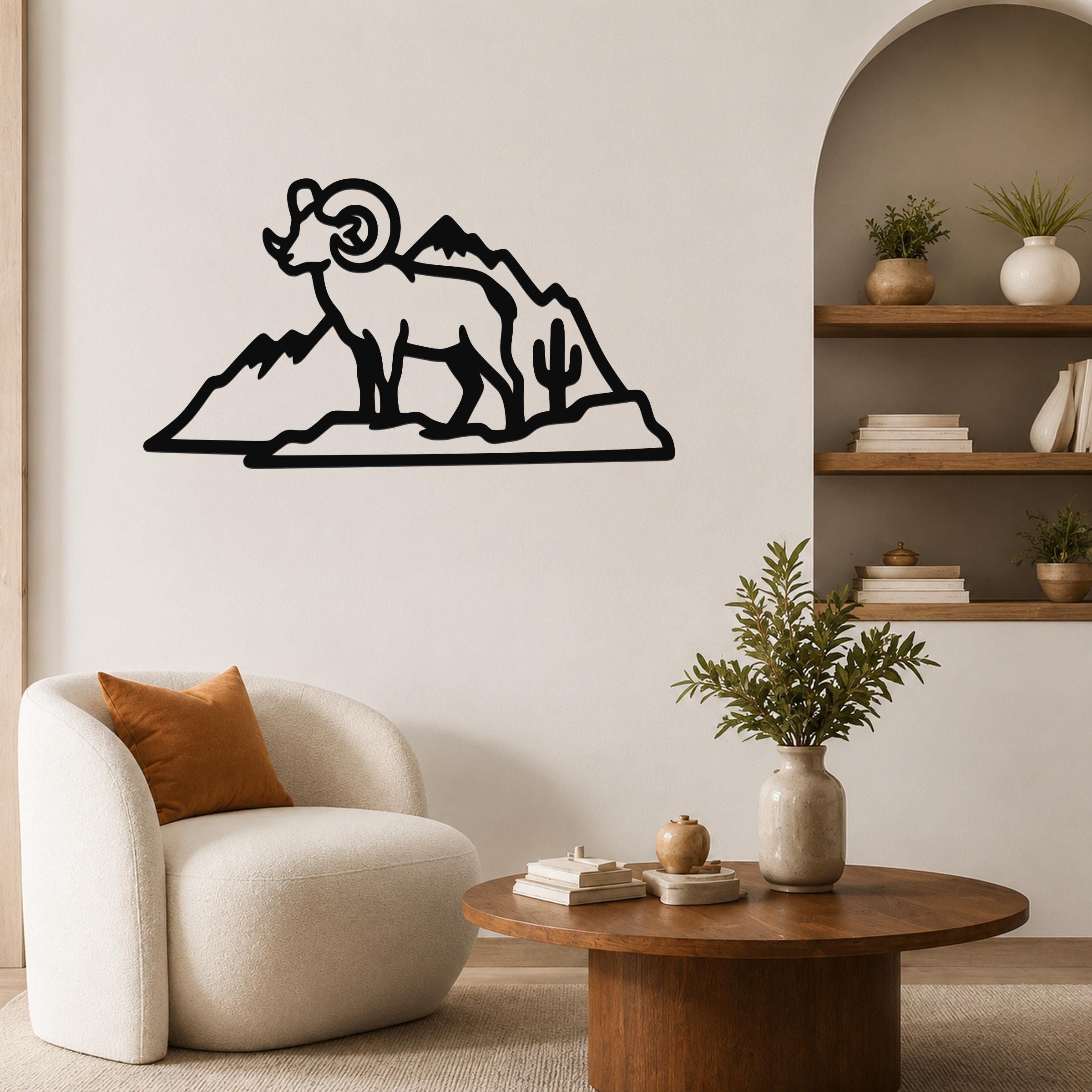 Desert Bighorn Sheep Metal Wall Art Wildlife Sculpture, Southwestern Style (Weatherproof Steel, Indoor Outdoor Rustic Decor)