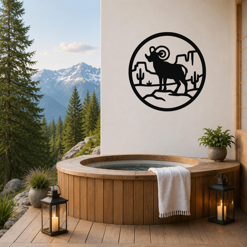 Bighorn Sheep Metal Wall Art - Western Wildlife Decor, Curled Horns Design - Weatherproof Steel, Indoor Outdoor Accent