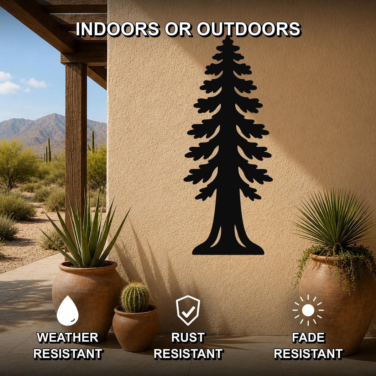 Black metal sequoia tree wall art silhouette mounted on an outdoor patio wall, weather resistant, rust resistant, and fade resistant, with potted plants nearby.