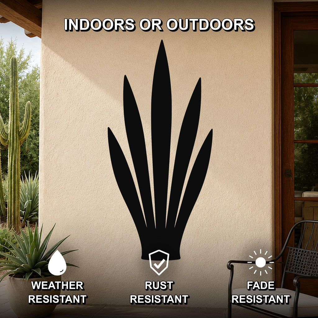 Black metal agave wall art silhouette mounted on an outdoor patio wall, weather resistant, rust resistant, and fade resistant.