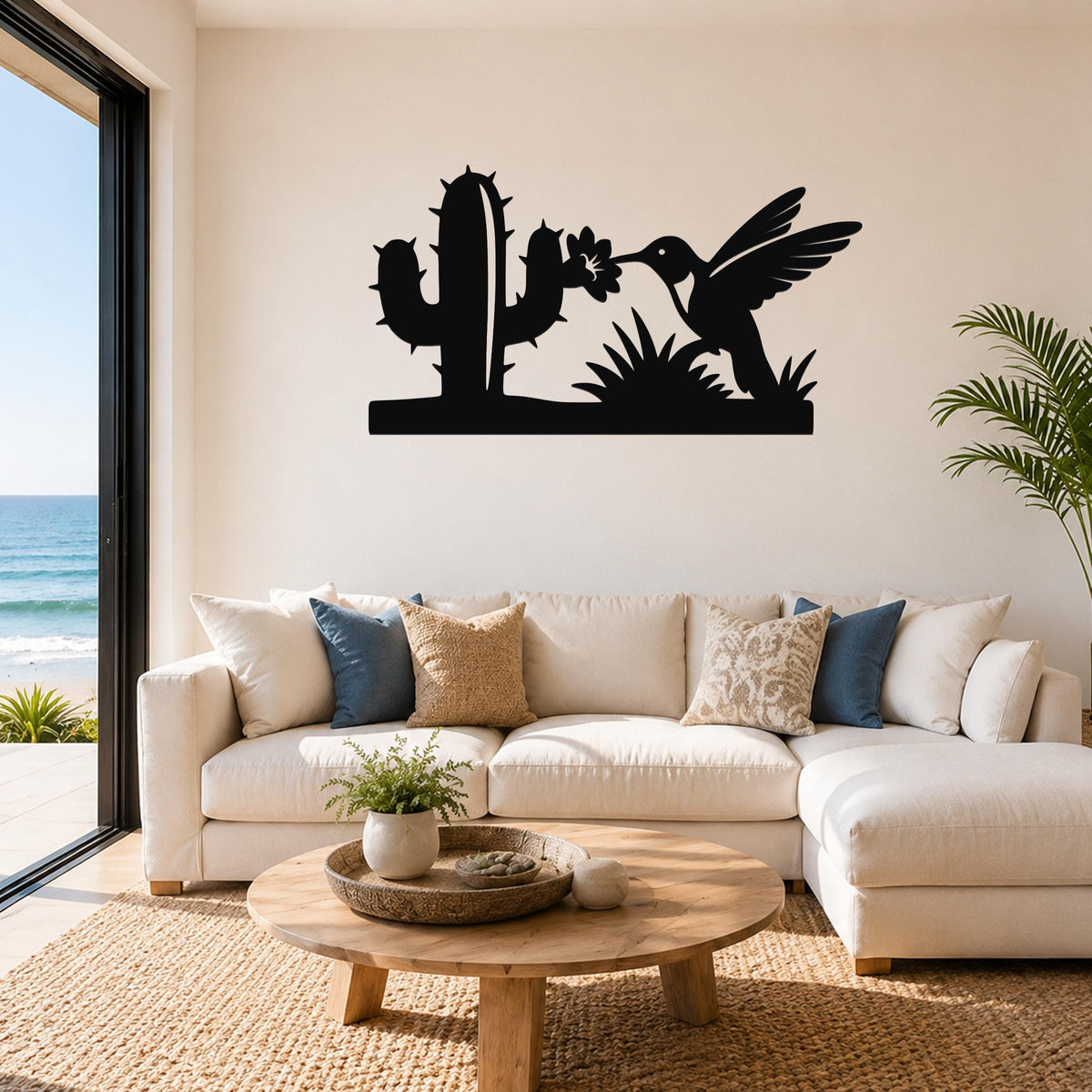 Southwestern Decor Metal Wall Art - Desert Wildlife Silhouette - Hummingbird and Saguaro Design, Steel, Indoor Outdoor Accent