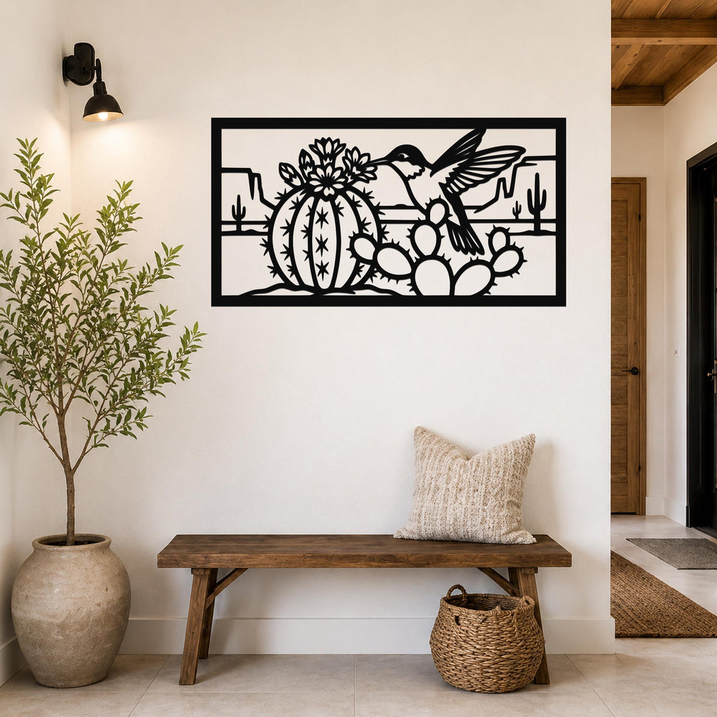 Desert Wildlife Art Metal Bird Sculpture: Southwest Botanical Scene, Weatherproof Metal (Indoor Outdoor Use, Nature Inspired Wall Decor)