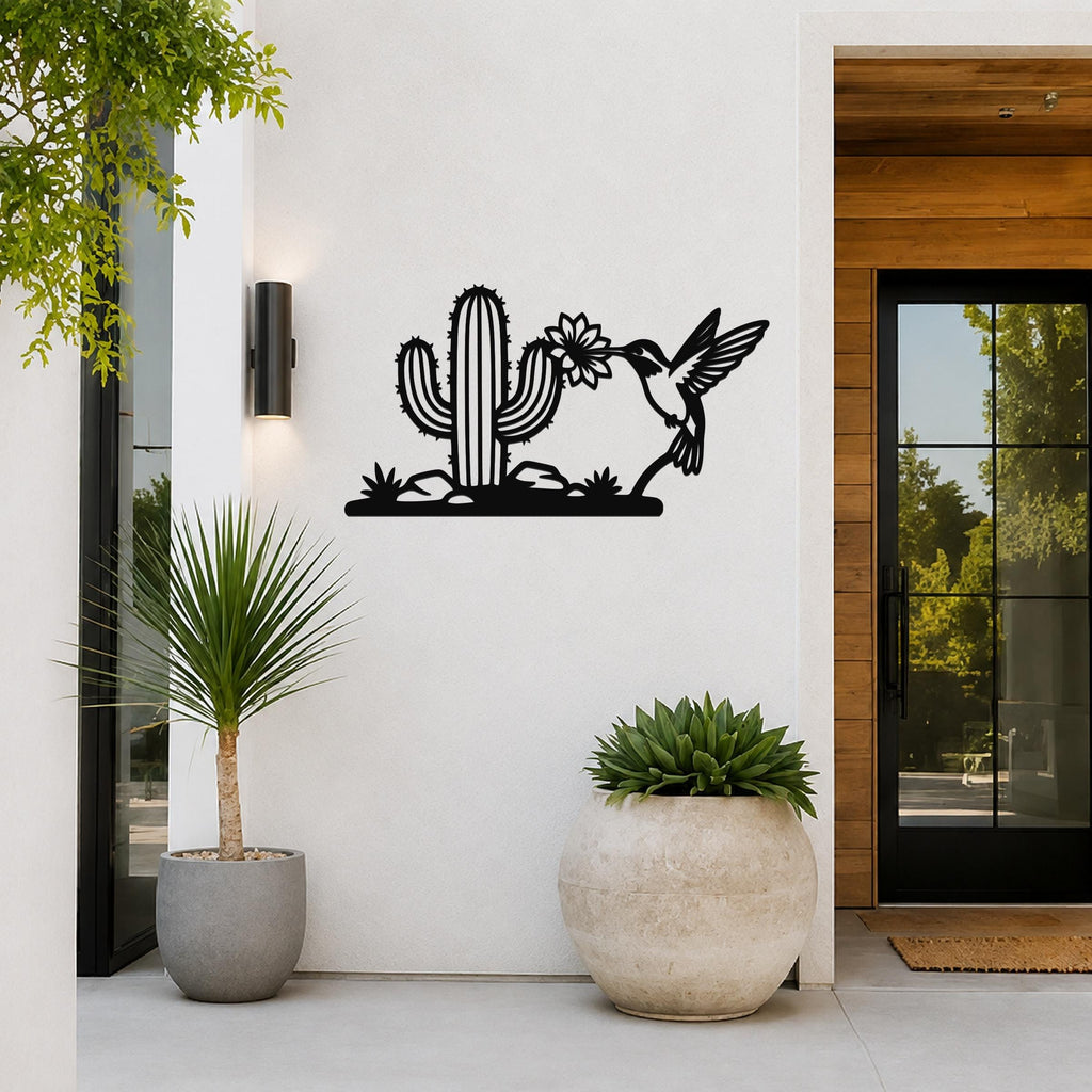 Metal Wall Art Desert Wildlife Sculpture - Sonoran Hummingbird with Saguaro Cactus, Weatherproof Steel, Indoor Outdoor Southwestern Decor