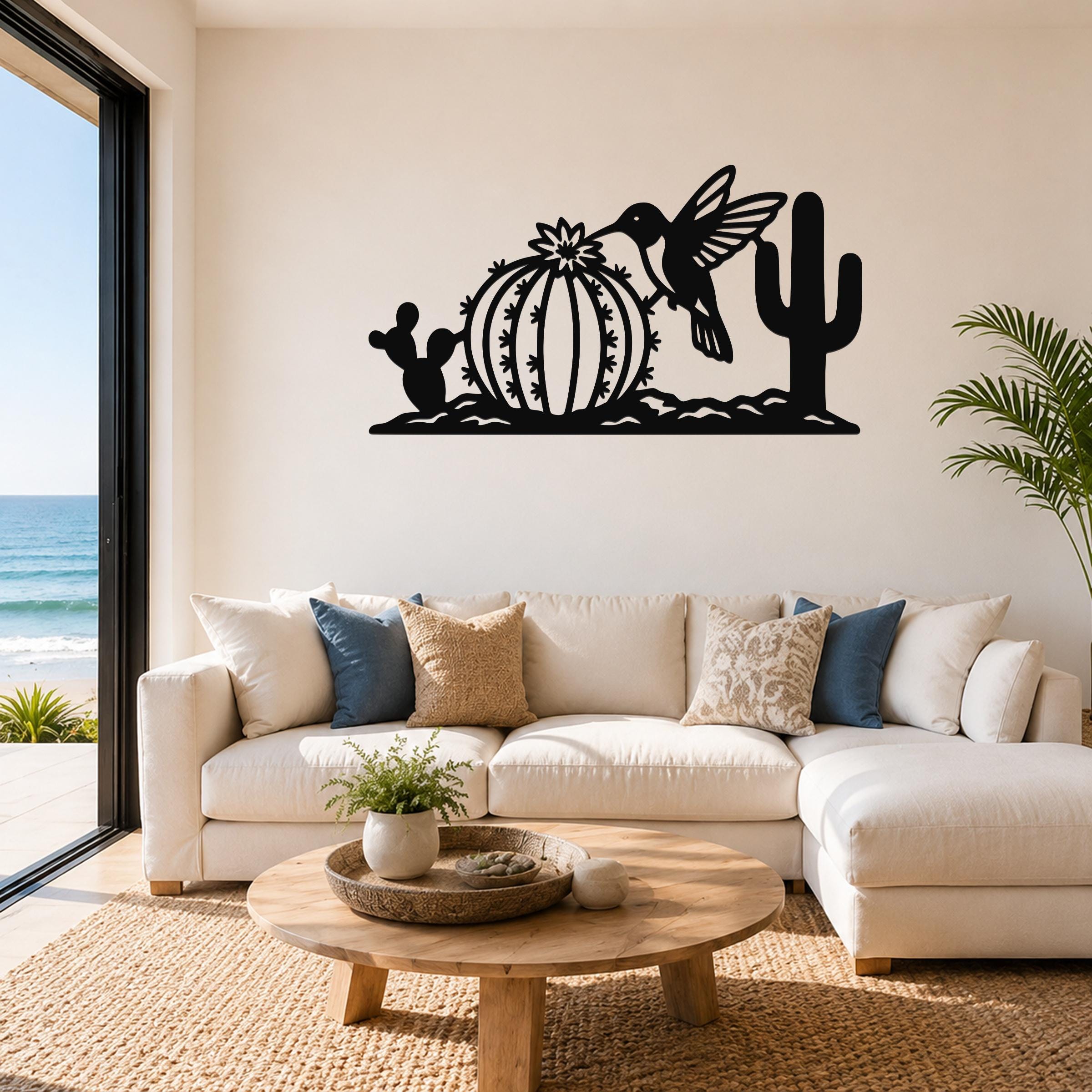 Southwestern Decor Metal Wall Art - Desert Wildlife Sculpture Hummingbird And Barrel Cactus, Weatherproof, Indoor Outdoor Accent