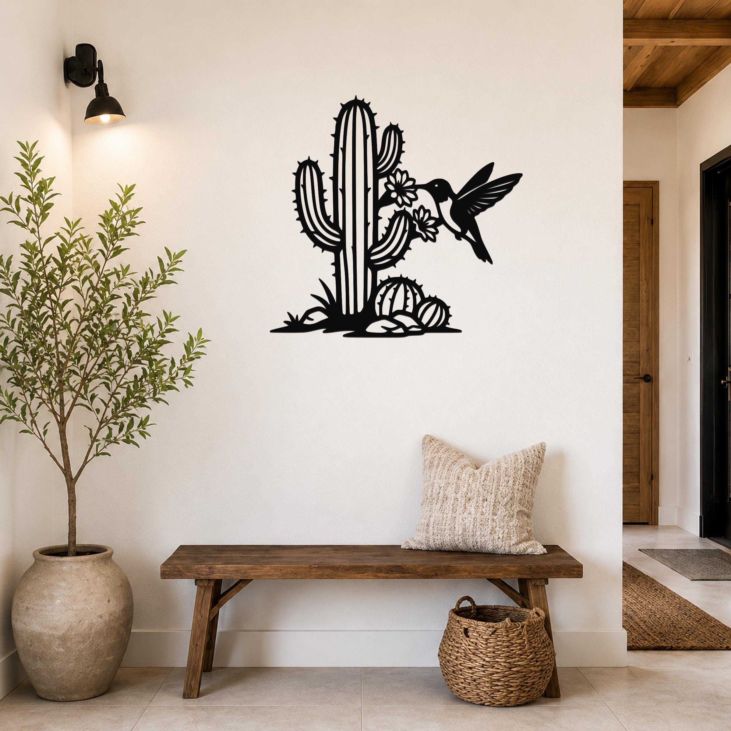 Southwestern Decor Metal Wall Art - Sonoran Desert Scene with Layered Cactus and Hummingbird - Weatherproof Steel, Indoor Outdoor Display
