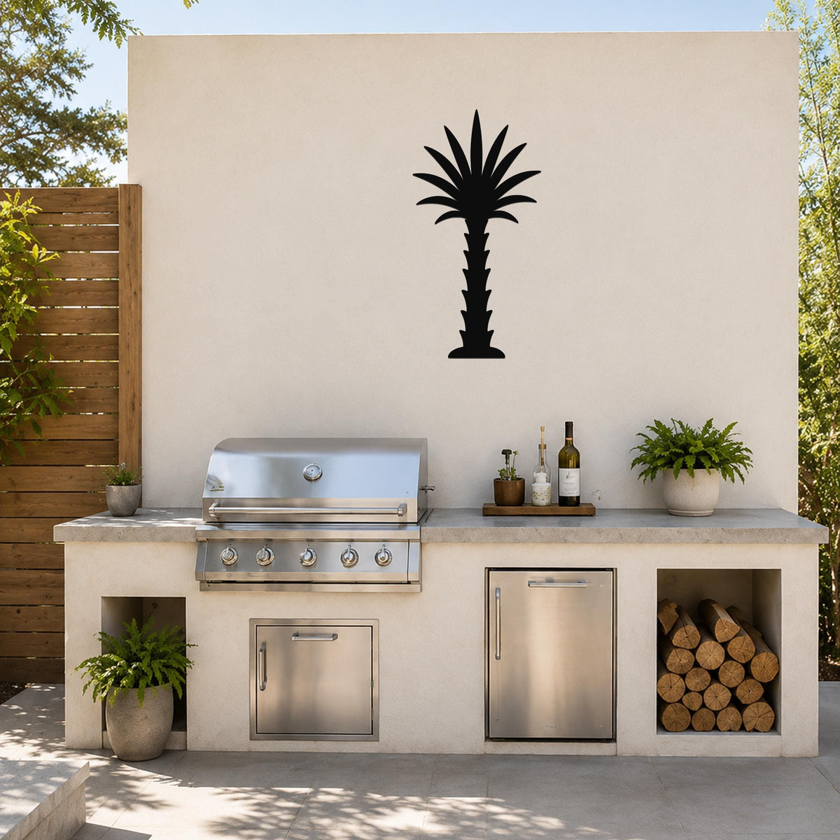 Black metal palm tree wall art silhouette mounted on a beige outdoor wall above a kitchen counter with a grill and storage.