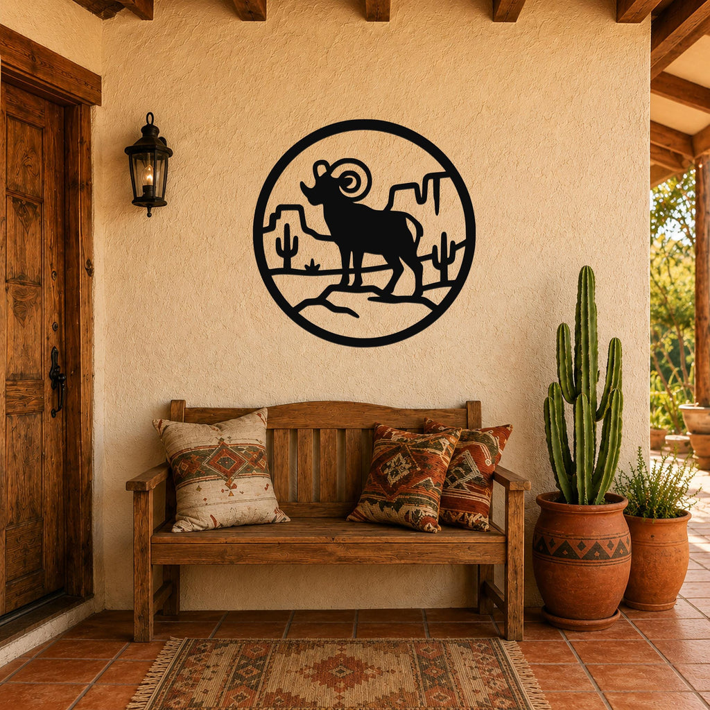 Bighorn Sheep Metal Wall Art - Western Wildlife Decor, Curled Horns Design - Weatherproof Steel, Indoor Outdoor Accent