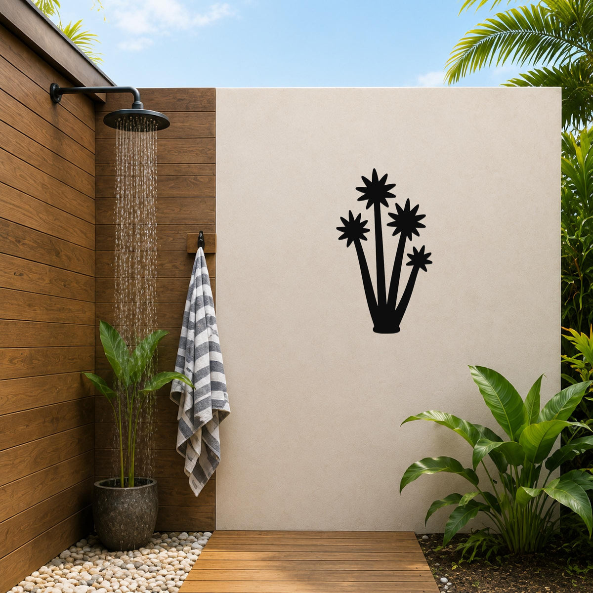 Black metal wall art silhouette of a tall yucca plant with star-shaped flower cutouts, mounted on a beige outdoor wall beside a wooden shower area.