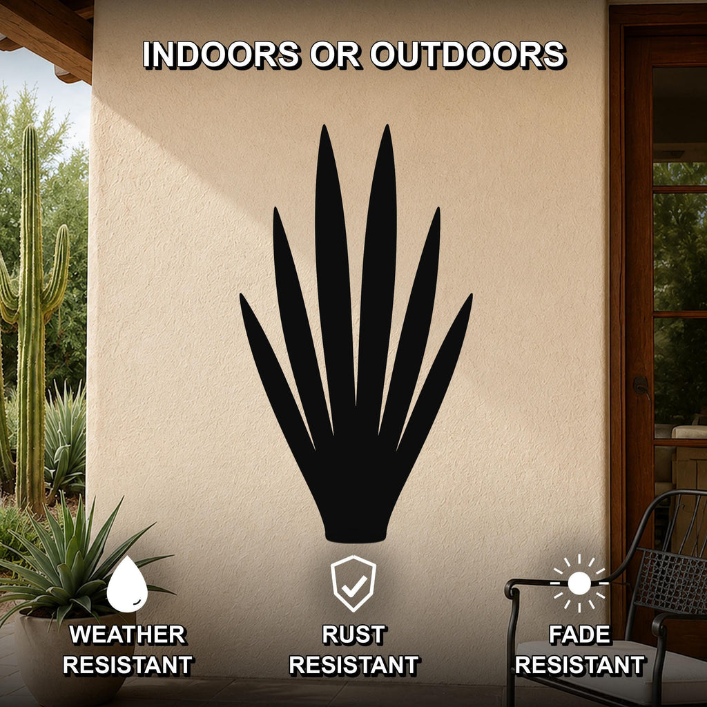 Black metal yucca wall art silhouette mounted on an outdoor patio wall, weather resistant, rust resistant, and fade resistant.