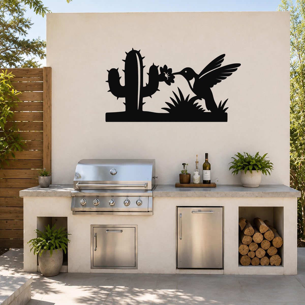 Southwestern Decor Metal Wall Art - Desert Wildlife Silhouette - Hummingbird and Saguaro Design, Steel, Indoor Outdoor Accent