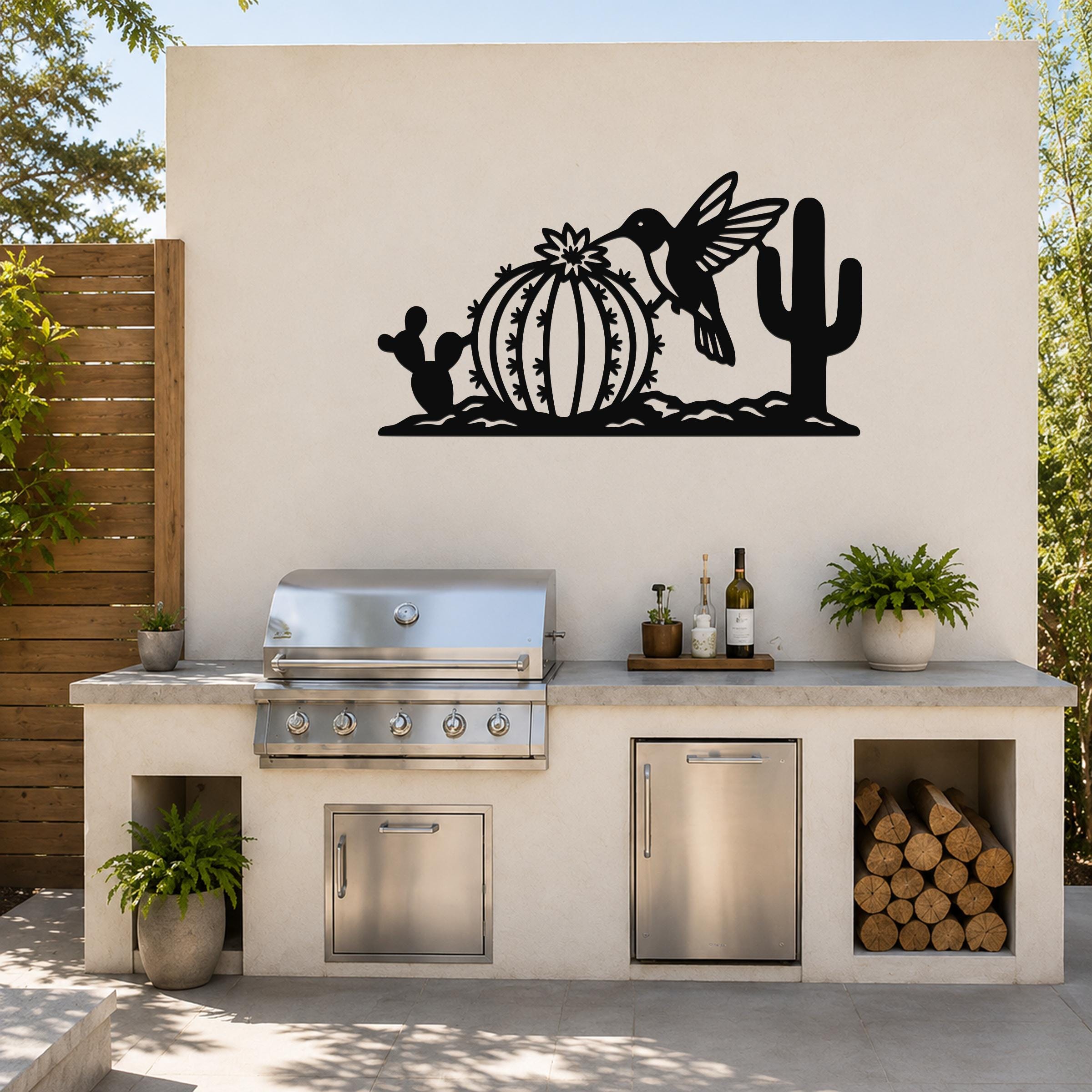 Southwestern Decor Metal Wall Art - Desert Wildlife Sculpture Hummingbird And Barrel Cactus, Weatherproof, Indoor Outdoor Accent