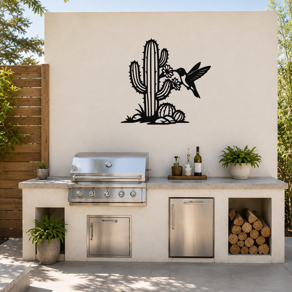 Southwestern Decor Metal Wall Art - Sonoran Desert Scene with Layered Cactus and Hummingbird - Weatherproof Steel, Indoor Outdoor Display