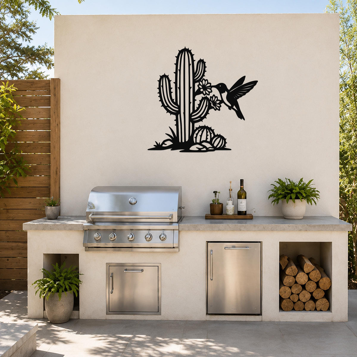 Southwestern Decor Metal Wall Art - Sonoran Desert Scene with Layered Cactus and Hummingbird - Weatherproof Steel, Indoor Outdoor Display