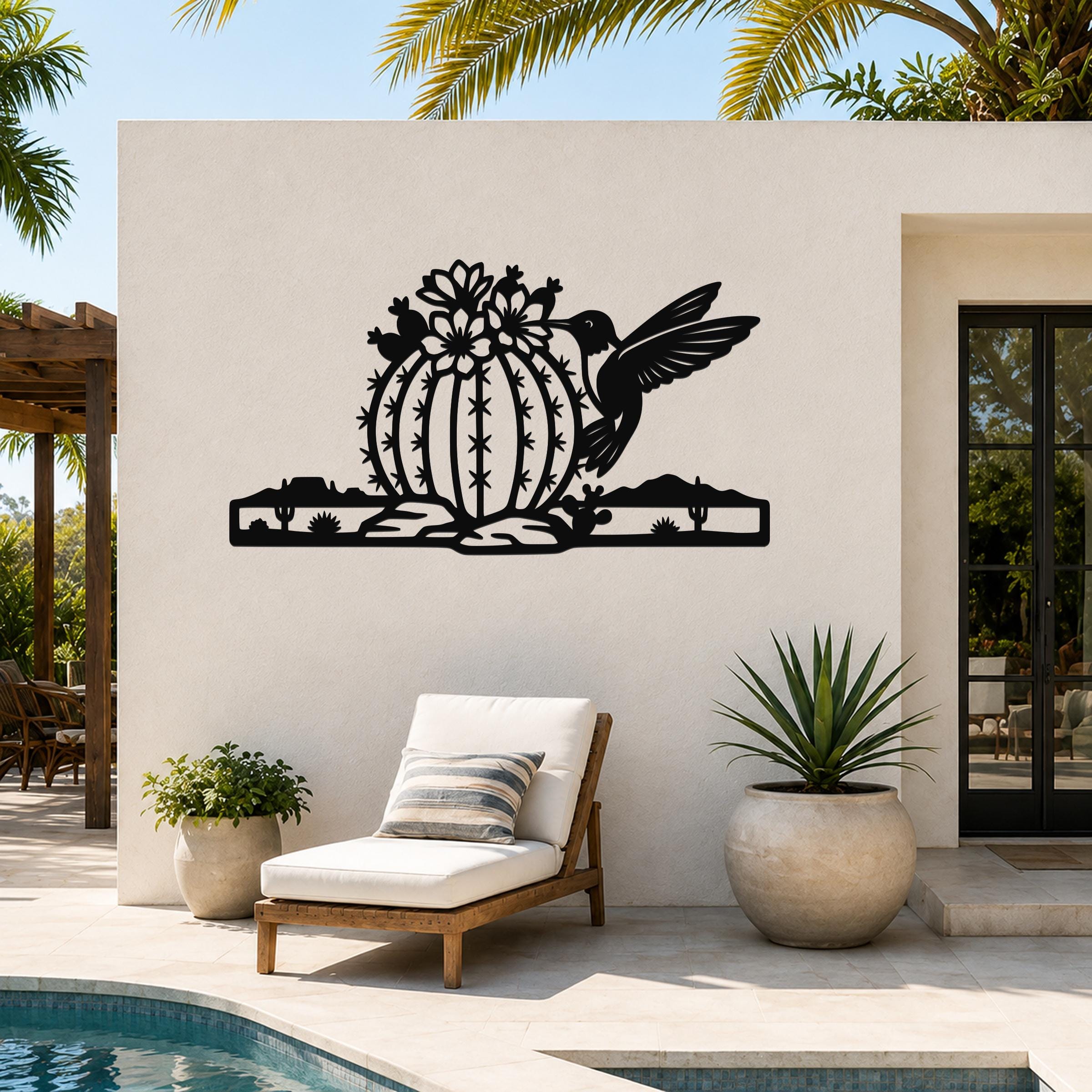 Barrel Cactus Metal Wall Art Desert Life Sculpture, Hummingbird Detail (Weatherproof Steel, Indoor Outdoor, Southwestern Style)