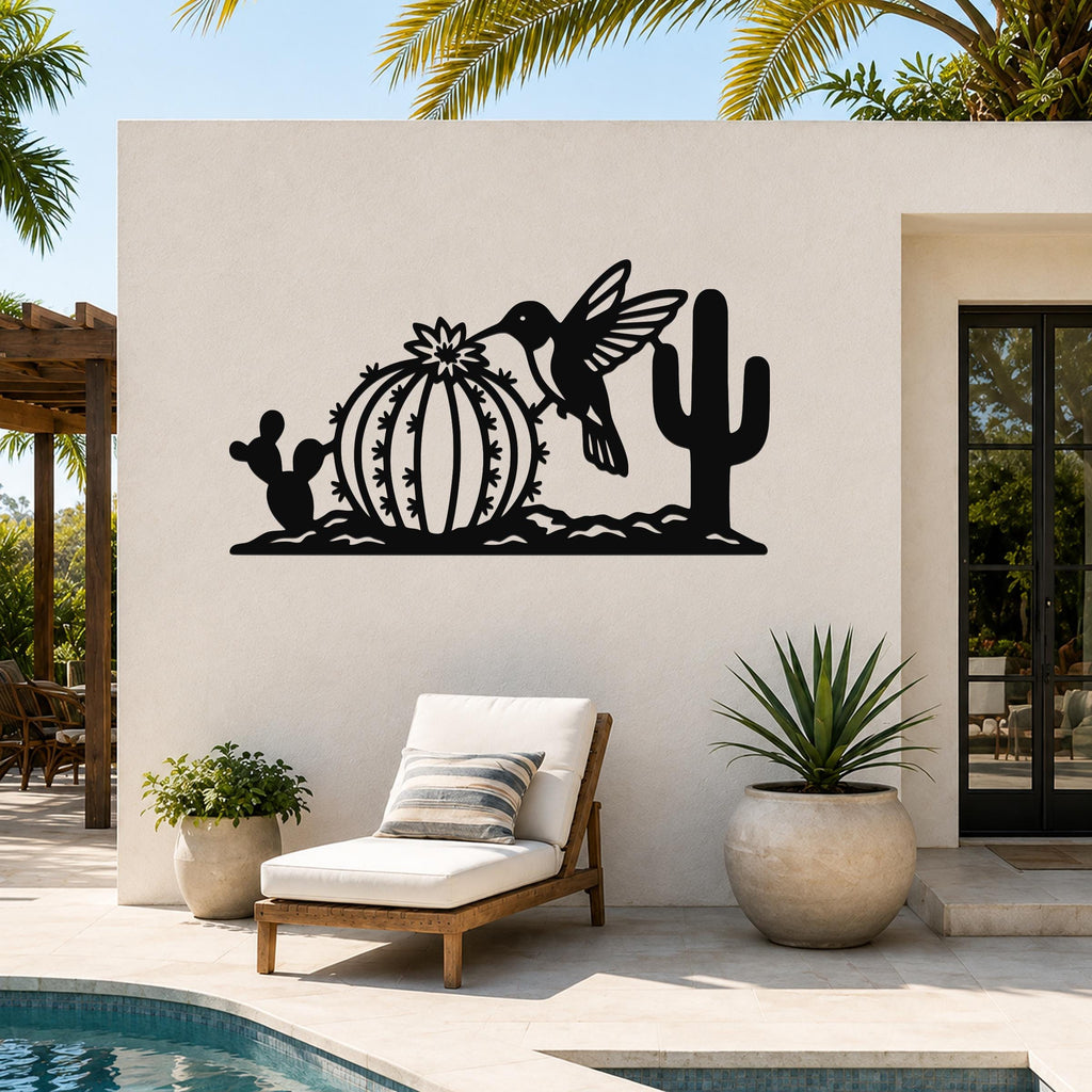 Southwestern Decor Metal Wall Art - Desert Wildlife Sculpture Hummingbird And Barrel Cactus, Weatherproof, Indoor Outdoor Accent