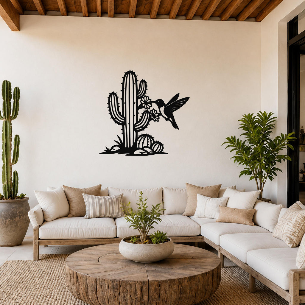 Southwestern Decor Metal Wall Art - Sonoran Desert Scene with Layered Cactus and Hummingbird - Weatherproof Steel, Indoor Outdoor Display