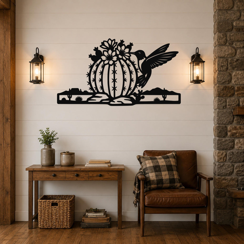 Barrel Cactus Metal Wall Art Desert Life Sculpture, Hummingbird Detail (Weatherproof Steel, Indoor Outdoor, Southwestern Style)